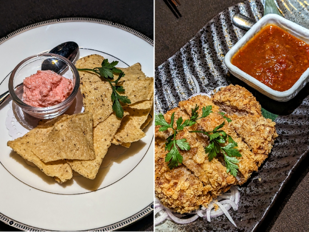 Nachos and salsa are out, the Tortilla and Mentaiko Dip are in (left). Light, airy and crispy Menchi Katsu (right).