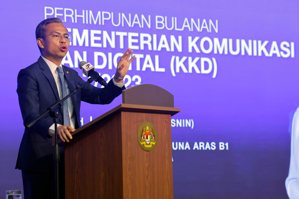 Communications and Digital Minister Fahmi Fadzil speaks at the ministry’s monthly assembly in Putrajaya July 31, 2023. — Bernama pic