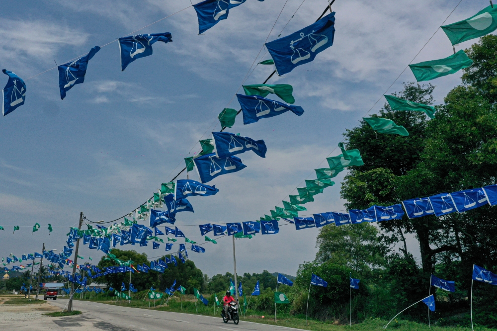 Party flags seen in Bahang, Terengganu, as election fever ramps up, July 30, 2023. — Bernama pic 