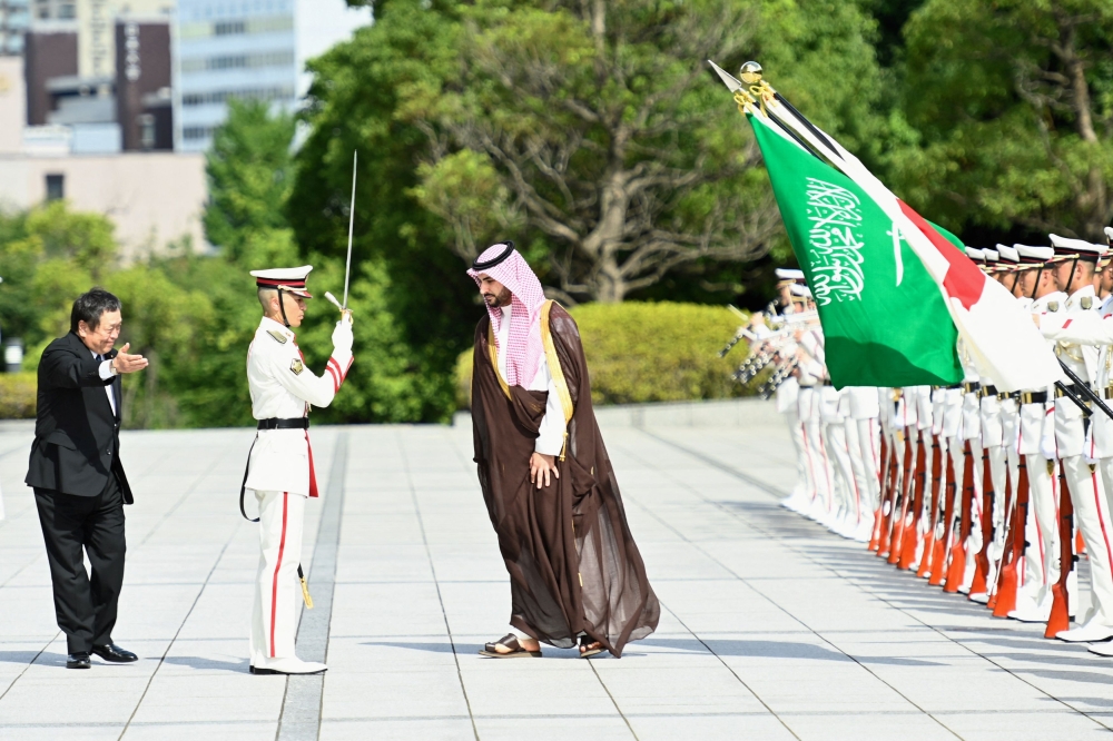 Saudi Arabia’s Defence Minister Prince Khalid bin Salman bin Abdulaziz attends a review guard of honour ceremony with Japan Defence Minister Yasukazu Hamada ahead the Japan-Saudi Arabia bilateral meeting at the Japan Defence ministry on July 31, 2023 in Tokyo, Japan. ― Reuters pic