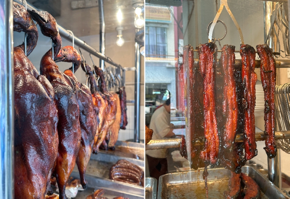 Roast ducks in a row (left). The luscious 'char siu' strips (right)