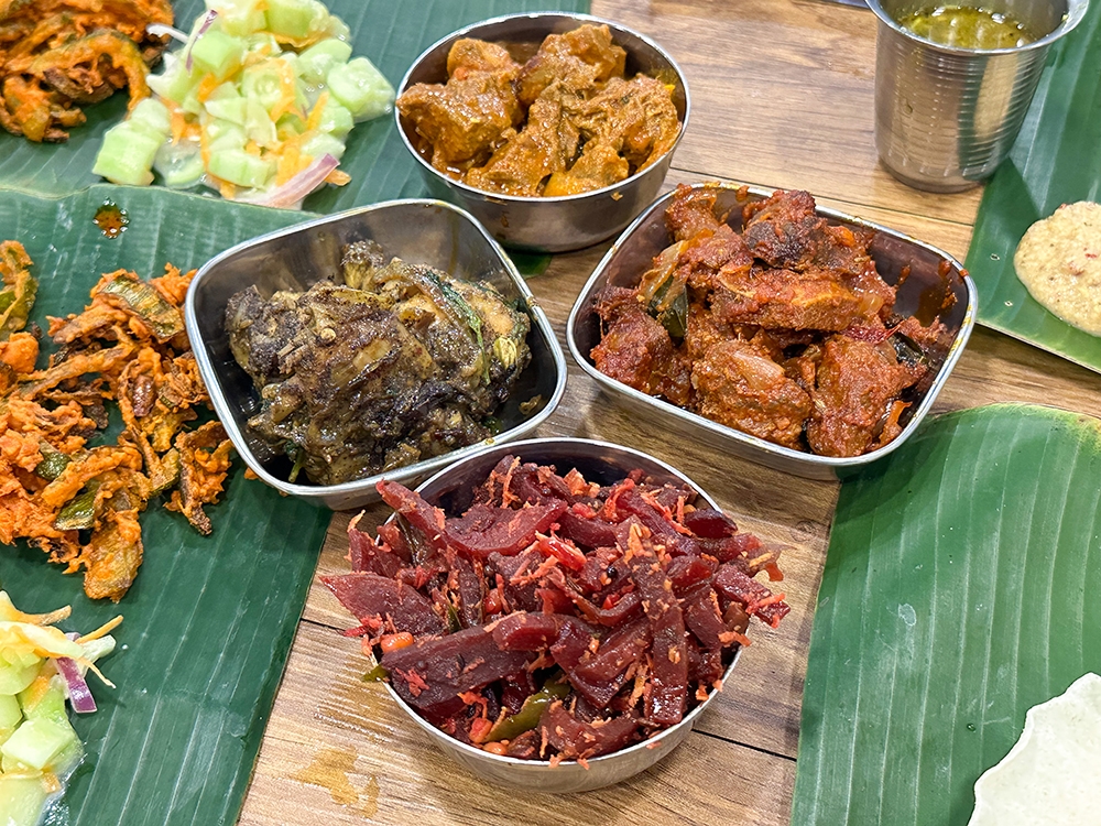 Select from the counter or menu for side dishes like Pepper Chicken, Mutton Curry, Mutton Varuval and Beetroot Poriyal