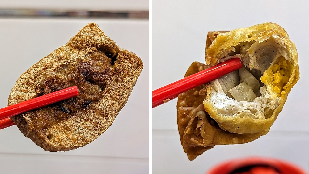 The stuffed 'tofu pok' is filled with a mixture of minced pork and salted fish (left). Jícama and salted egg feature in the fried dumpling (right).