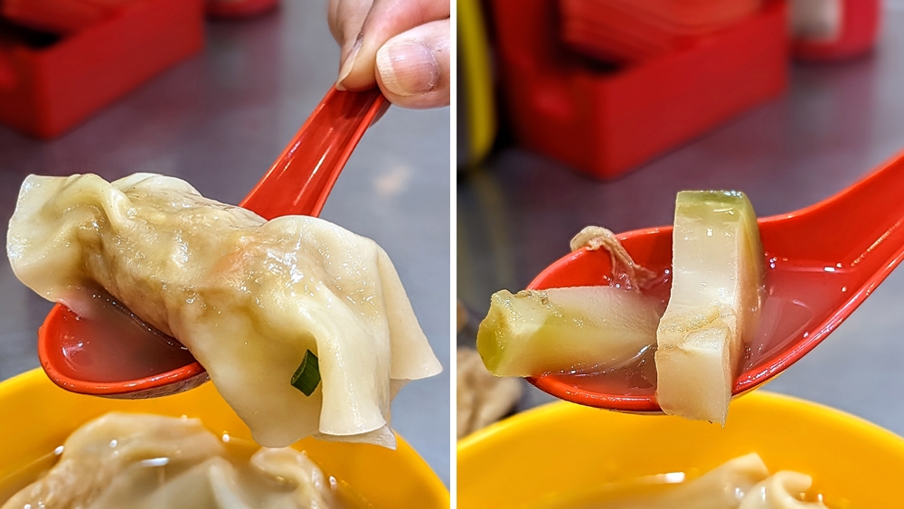 The 'sui kow' or prawn dumpling here contains a whole prawn (left). The 'zha cai' is a nice and tasty touch that is rare to find in soups in most places nowadays (right).