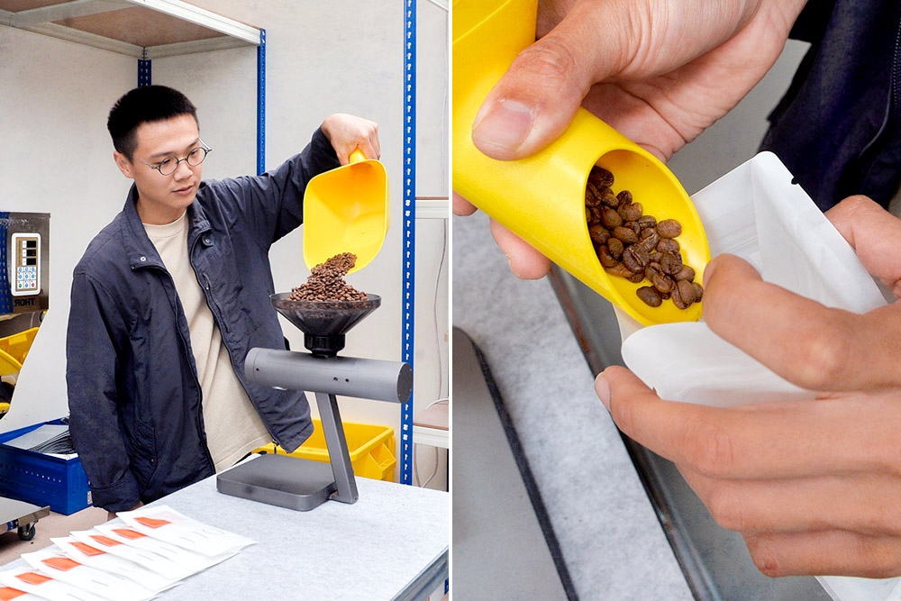 Ang Wei Liang measuring and packing roasted coffee beans.