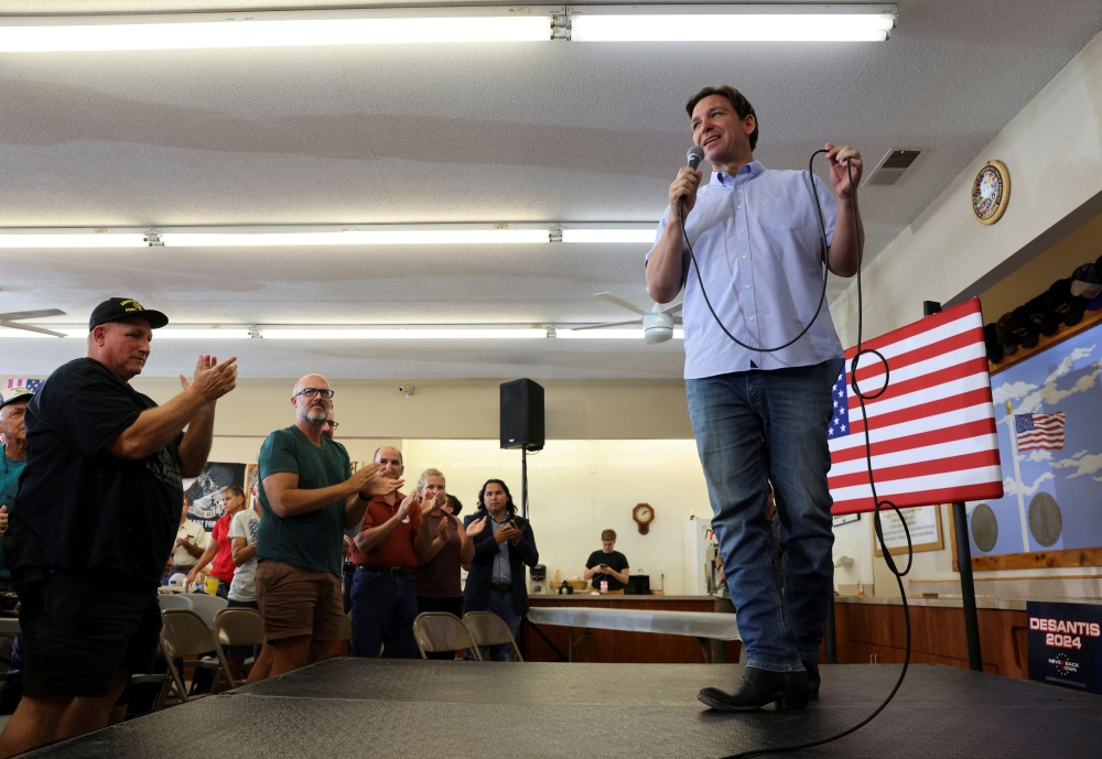 Republican US presidential candidate and Florida Governor Ron DeSantis speaks at an event at an American Legion hall, during his ‘Never Back Down’ tour, in Harlan, Iowa, US August 11, 2023. — Reuters pic