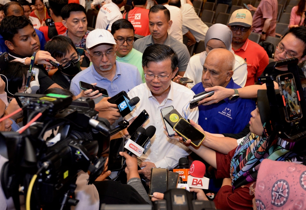 Penang DAP chairman Chow Kon Yeow speaks to the media at the PH-BN state elections results centre in George Town, Penang, August 12, 2023. — Picture by KE Ooi