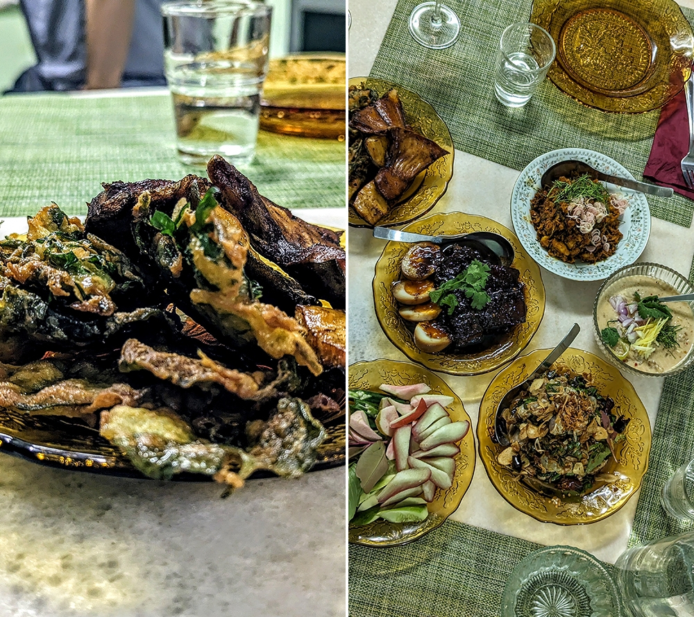 A mountain of deep fried smoked fish and leaves to dip into the 'Lon naem' (left). The full family spread of dishes (right).