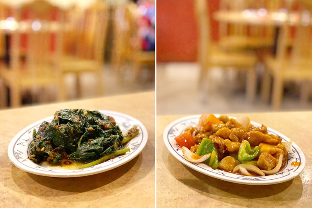 Stir fried sweet potato leaves with sambal (left) and sweet and sour chicken (right).