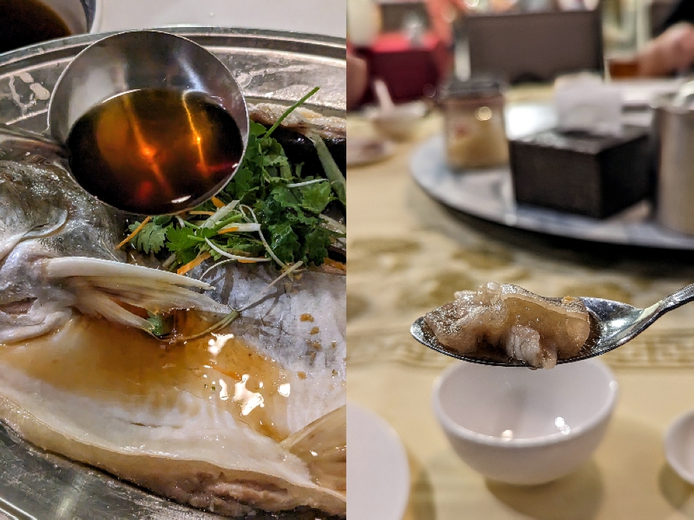 Ladle the sauce over the warm fish and watch the magic happen (left). The best bite: patin belly drenched with sauce (right).