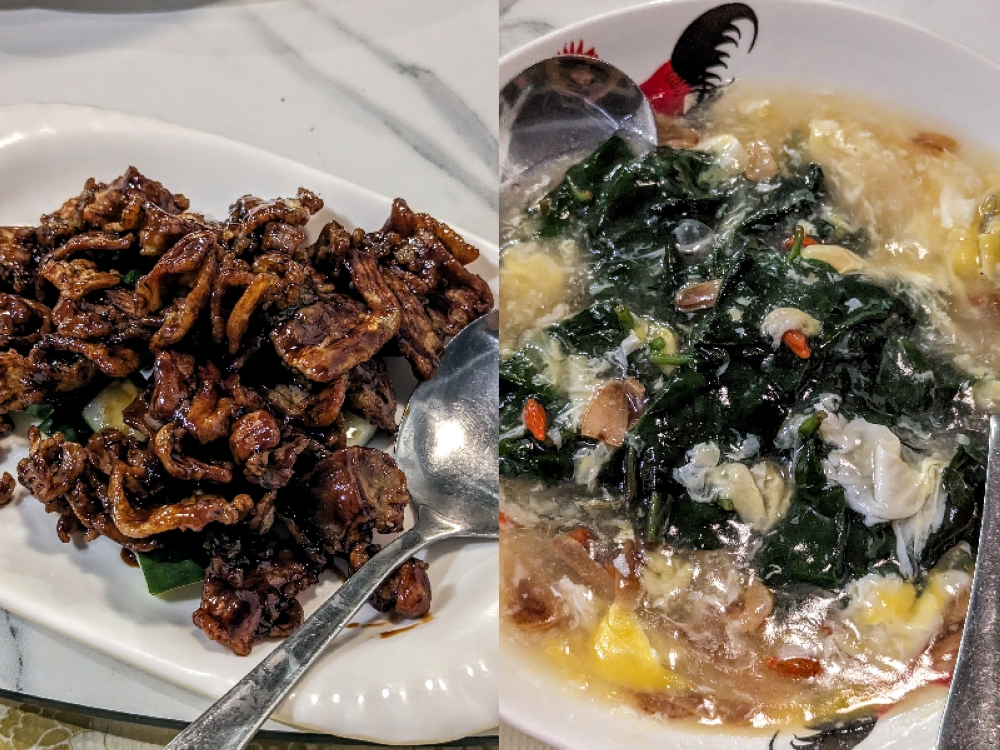 A pair from Bukit Tinggi: Crispy Pork Belly (left) and Wat Tan Tian Qai Leaves (right).