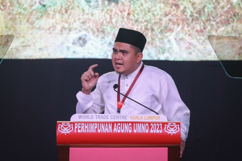 Umno Youth Chief Dr Muhamad Akmal Saleh speaks during the party’s 2023 general assembly at the World Trade Centre in Kuala Lumpur June 8, 2023. — Picture by Yusof Mat Isa