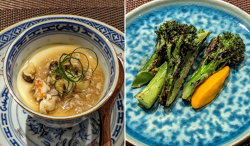 Chawanmushi at Carbon (left). I was most impressed with the charred local broccolini (sourced from Cameron Highlands) with burnt onion oil and carrot puree (right).