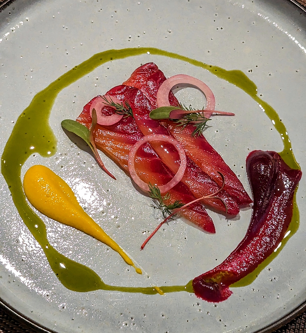 Beetroot-cured salmon, fermented pumpkin and beetroot puree, herb oil and dill. A highlight of a dish.