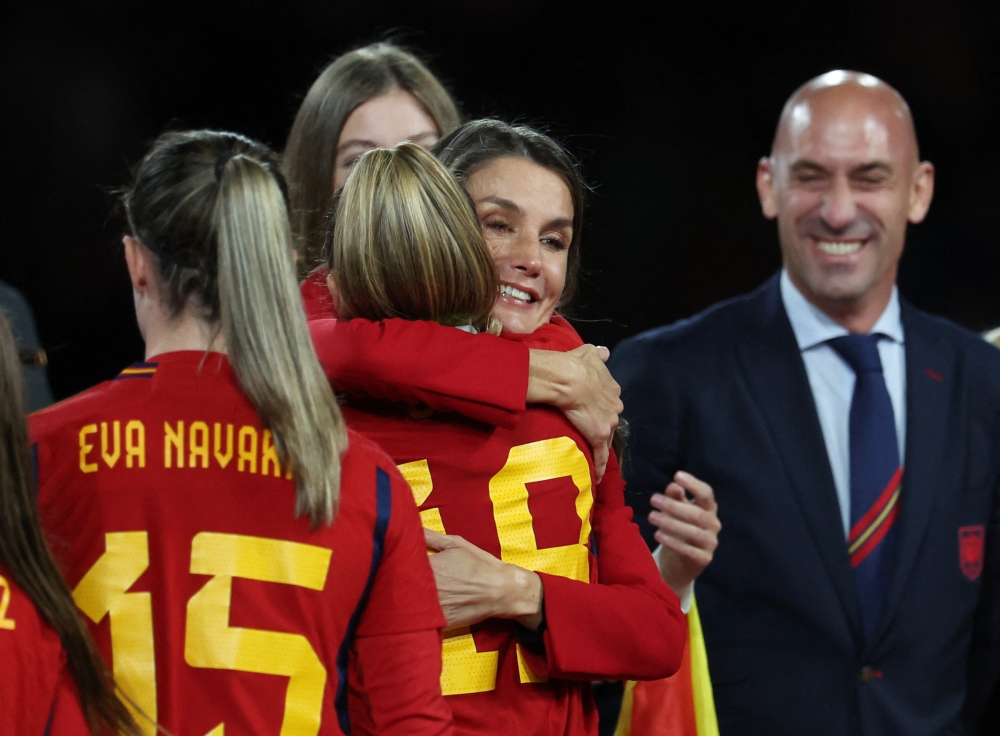 Spain's Queen Letizia and President of the Royal Spanish Football Federation Luis Rubiales (right) celebrate with Olga Carmona after winning the World Cup final at Stadium Australia in Sydney August 20, 2023. — Reuters pic