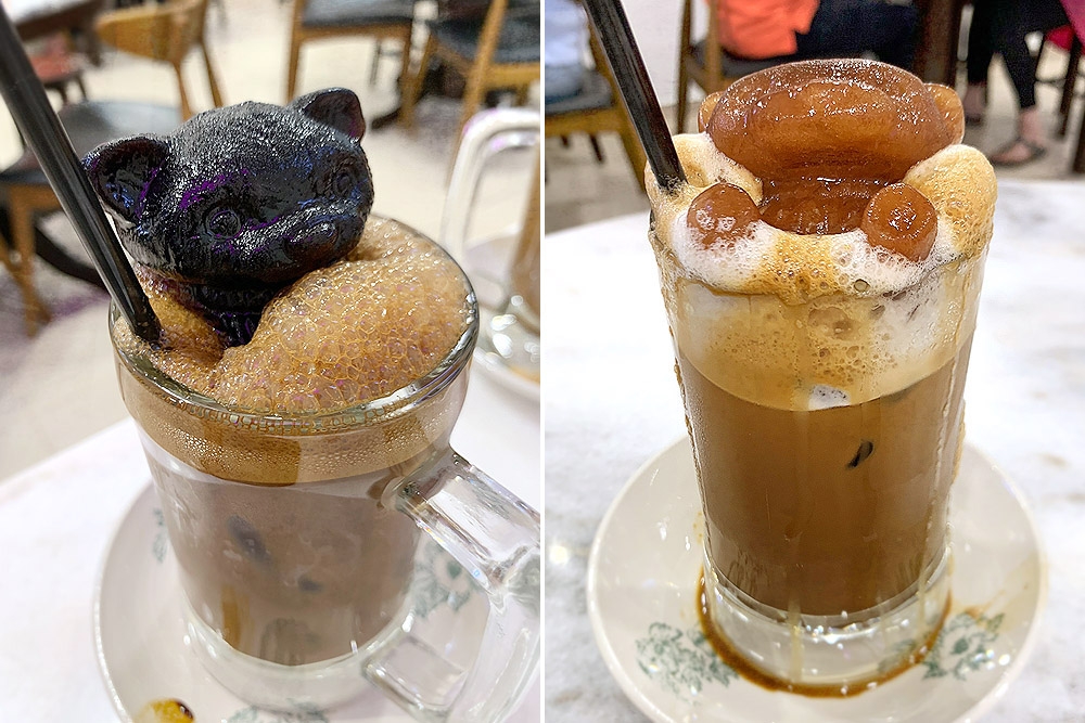 Traditional 'kopitiam' beverages with 'kopi' cat ice cubes.