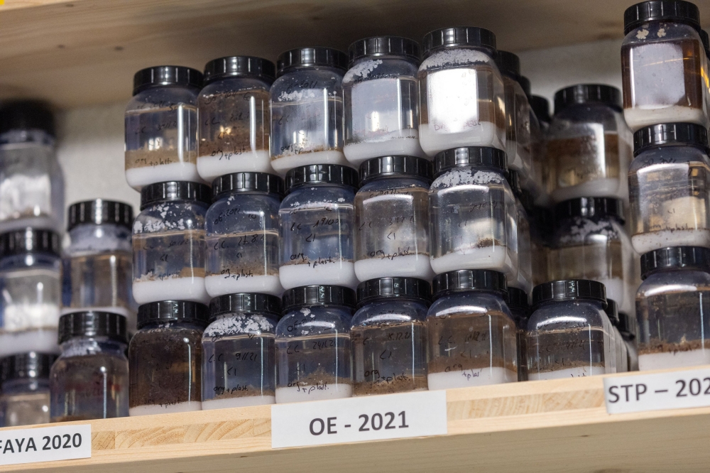 Samples of plastic elements that were collected for NGO Oceaneye in the seas are seen on a shelf in Geneva August 21, 2023. — Reuters pic