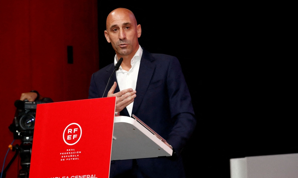 File photo of President of the Royal Spanish Football Federation Luis Rubiales announcing he will be staying as president during the meeting at Ciudad Del Futbol Las Rozas in Las Rozas, Spain, August 25, 2023. ― Reuters pic