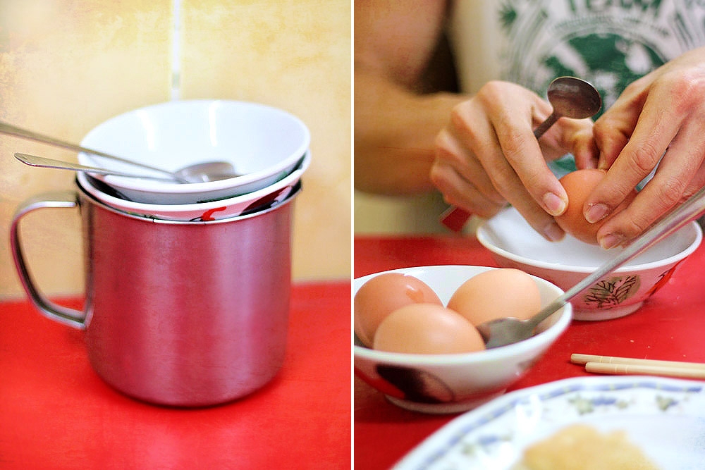 Preparing 'kopitiam' style half boiled eggs, the old school way.