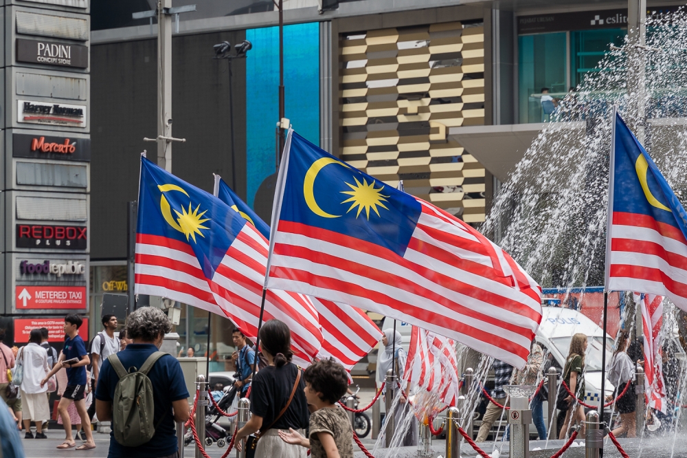 The Jalur Gemilang is hoisted at Pavillion ahead of the upcoming festivities commemorating the nation's 66th Independence Day, August 23, 2023. — Picture By Raymond Manuel