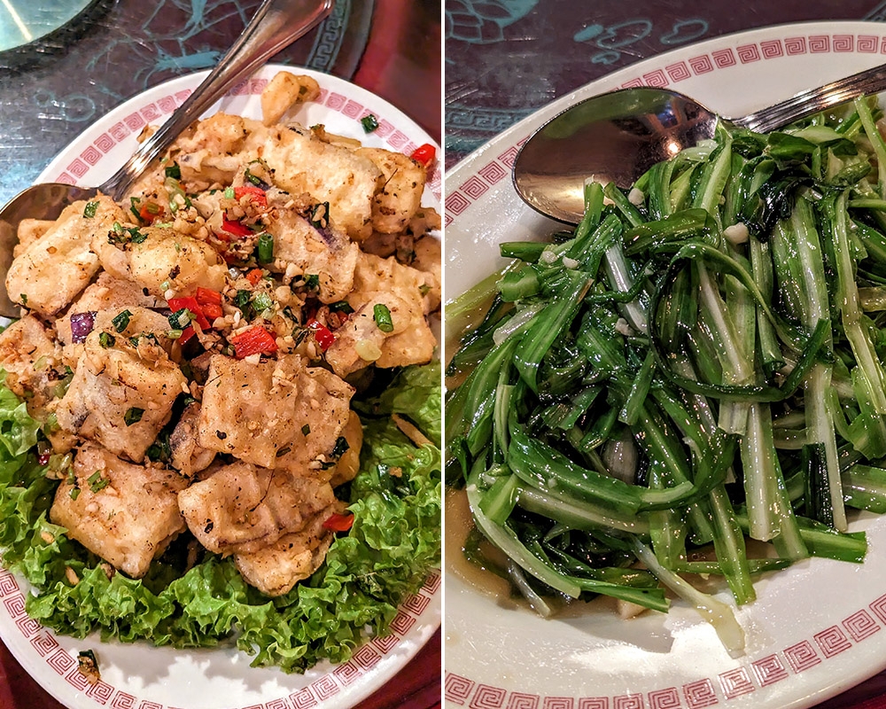 Salted Spice Brinjal (left). Really good 'qing long cai' with plenty of 'wok hei' (right).