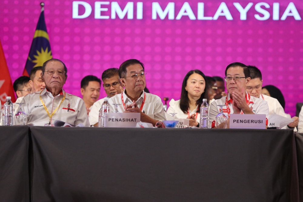 (From left) DAP veteran Lim Kiat Siang, DAP Advisor Tan Kok Wai and DAP chairman Lim Guan Eng are seen at party’s national congress at Marriot Hotel in Putrajaya September 10, 2023. — Picture by Yusof Mat Isa