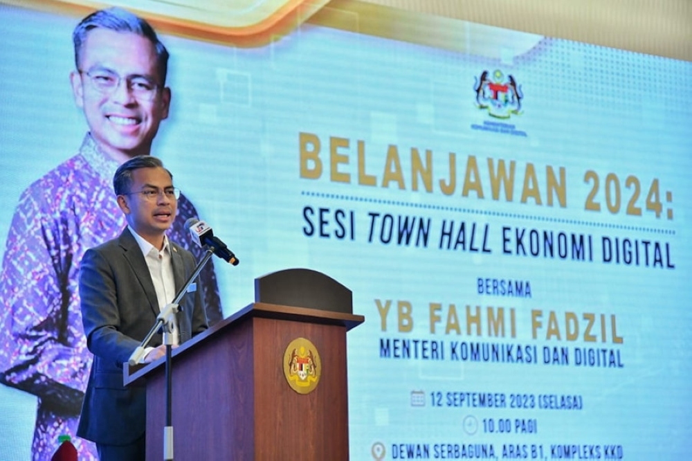 Communications and Digital Minister Fahmi Fadzil today speaks at the Budget 2024: Digital Economy Town Hall Session in Putrajaya, September 12, 2023. — Picture from Facebook/Fahmi Fadzil 