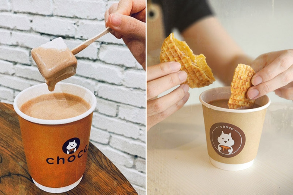 Enjoy the 72 per cent Venezuela hot chocolate with a gourmet vanilla marshmallow (left) or a 'stroopwafel' (right)