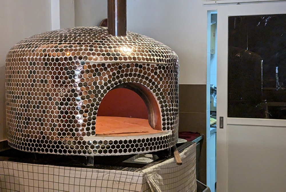 The pizza oven for all to see.