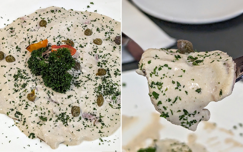 Maiale Tonnato, the perfect dish on a hot night (left). A slice of pork, covered in 'tonnato' sauce (right).