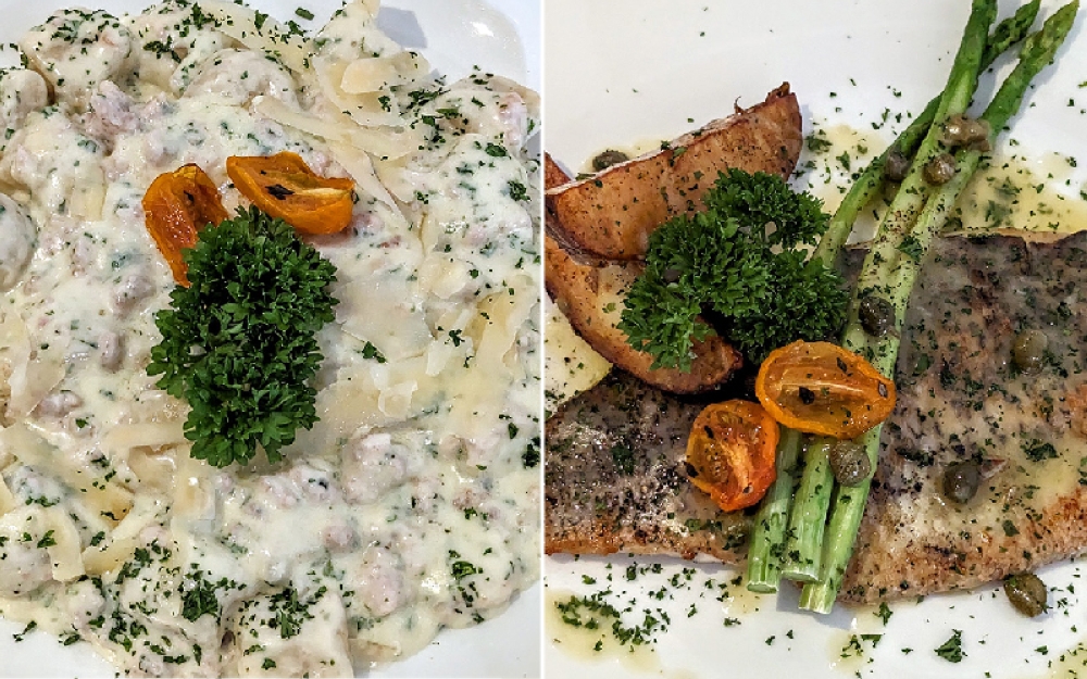 The Gnocchi with Gorgonzola and sausage here is exceptional (left). Simple, but delicious Branzino alla Piastra (right).