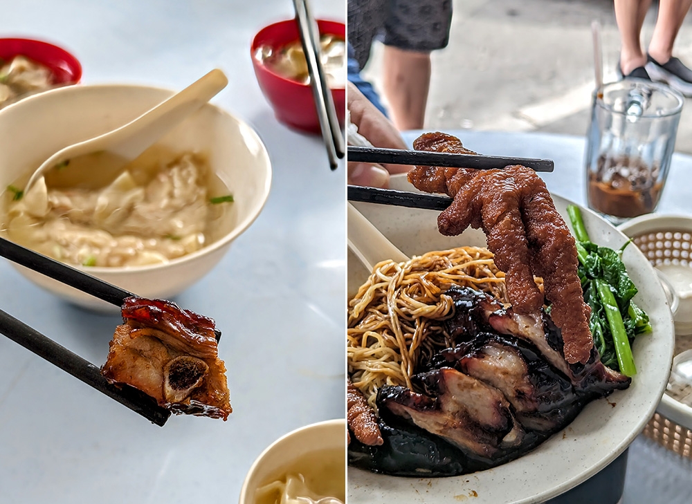 A bite-sized piece of BBQ pork rib, glistening in the sunlight (left). I’m no Tarantino, but that is a gorgeous foot right there (right).