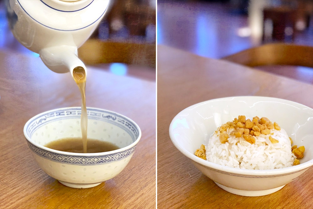 Pouring the broth of the Steamed Corn-fed Chicken (left). Pork Lard Rice (right).