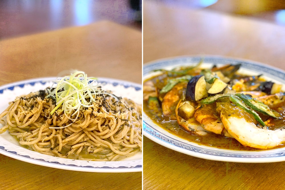 Truffle Yeasted Noodles (left). Grilled Tiger Prawns, Salted Fish Curry (right).