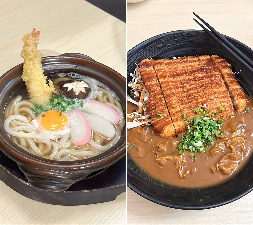 The classic Nabeyaki Udon is one of the best ways to enjoy the thick udon with a tempura prawn, Japanese fish cake and an egg yolk (left). For something substantial, try the Tonkatsu Curry Udon with curry pork and a big piece of breaded, deep fried pork cutlet (right).