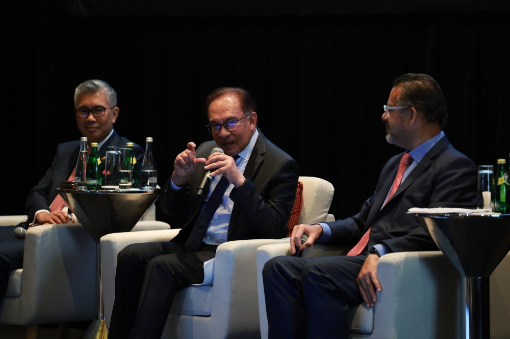 Prime Minister Datuk Seri Anwar Ibrahim speaks during a question and answer session at the Invest Malaysia New York event, September 22, 2023. ― Bernama pic