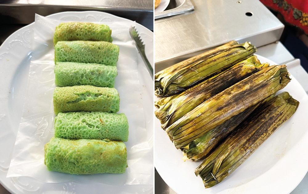 Nibble on these 'kuih ketayap' with a soft texture and grated coconut for a snack (left). There's also 'pulut panggang' to tempt you (right).