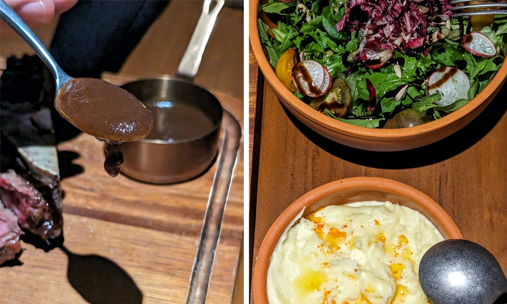 The red wine reduction: never has a brown, gloppy substance, tasted quite so good (left). Mashed potatoes and rocket salad made up the sides of our steak (right).