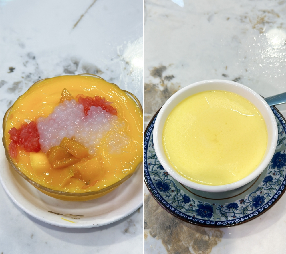 Sago with Mango Cream and Pomelo is a refreshing pick-me-up with its silky fruit puree and tangy pomelo (left). Steamed Egg with Milk is a classic dessert for a sweet tasting end to a meal here (right).