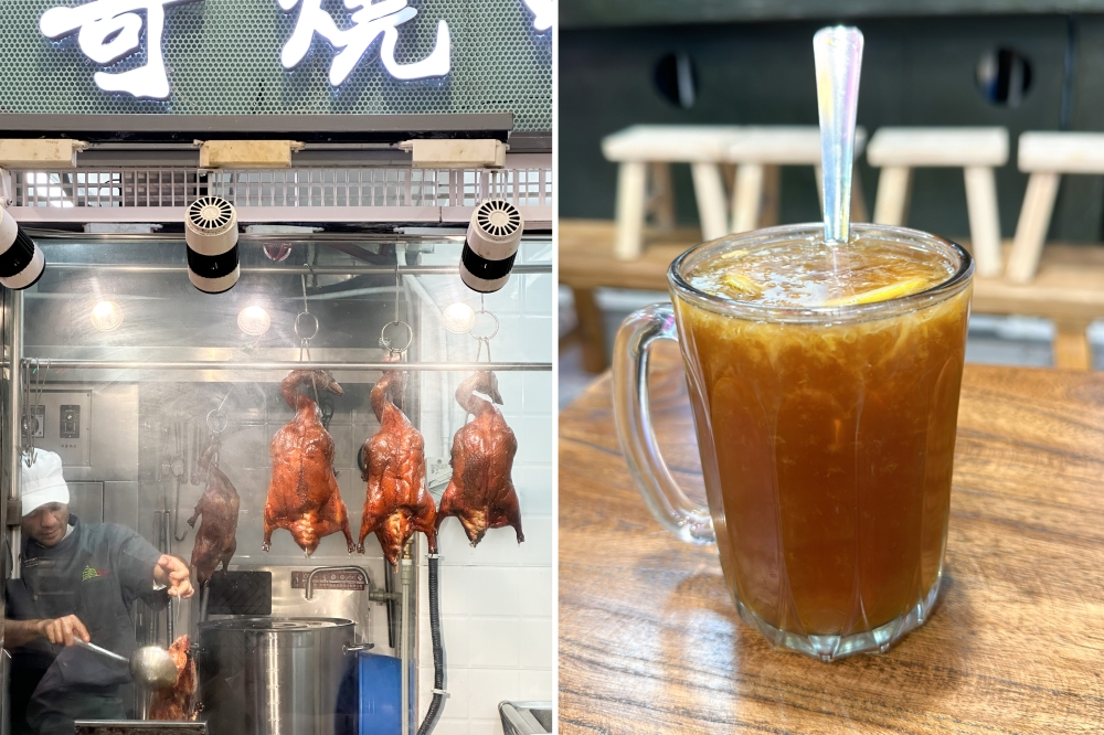 Roast duck is one of their specialties here... the duck is given a hot oil bath before it is served (left). Most diners order the milk tea but opt for the hot lemon tea that is much better with a fragrant tea flavour (right).