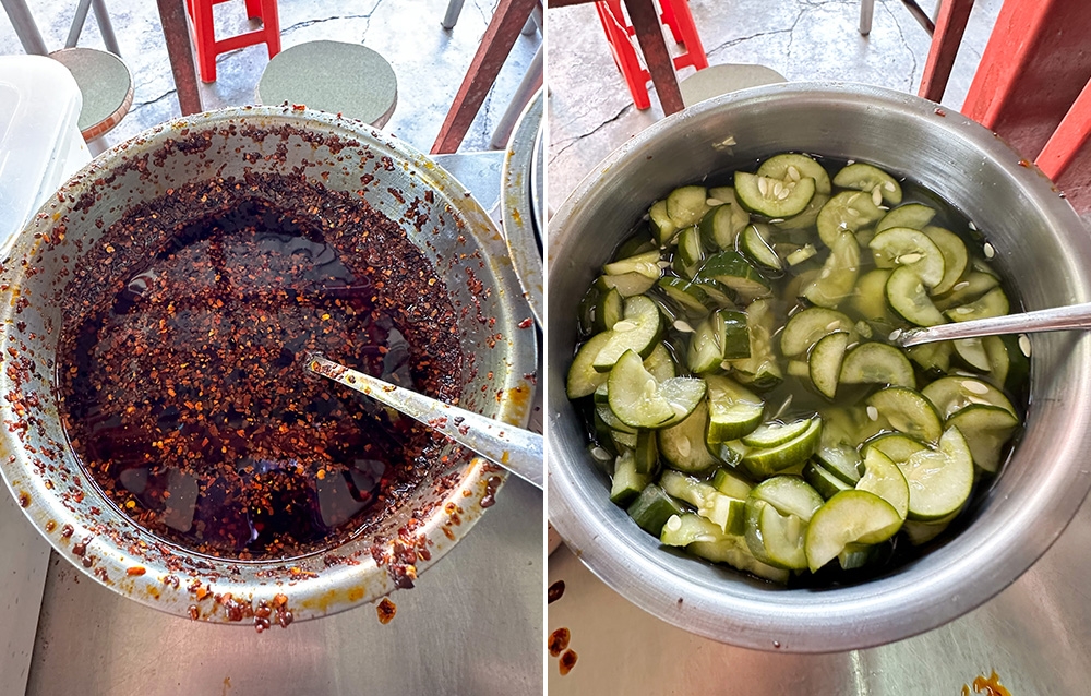 Help yourself to chilli oil to raise the heat levels of your noodles (left). Pickled cucumbers help clear the palate after all that rich food (right).