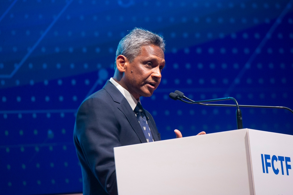 Bank Negara Governor, Datuk Abdul Rasheed Ghaffour speaks during the launch of the #jangankenascam National Scam Awareness Campaign at the Kuala Lumpur Convention Centre October 3, 2023. — Picture by Shafwan Zaidon