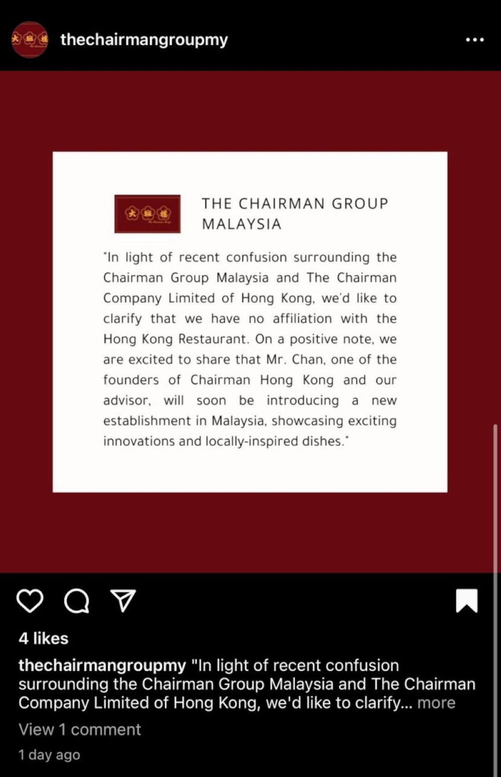 The Chairman Group Malaysia issued a statement to say they have no affiliation with the Hong Kong Restaurant. — Picture from Instagram/The Chairman Group Malaysia