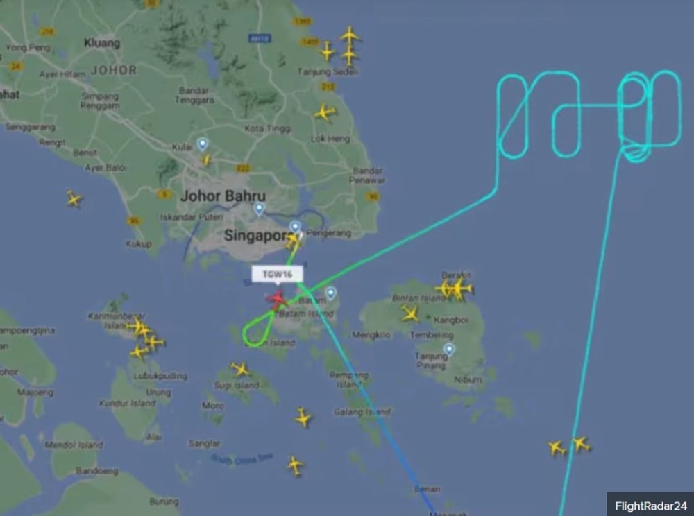 The flight path of Scoot flight TR16 as it returned to Singapore on Oct 12, 2023. — FlightRadar24 screengrab via TODAY