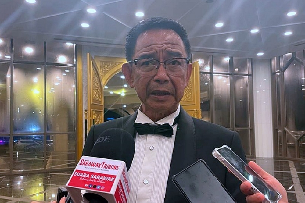 Datuk Seri Abdul Karim Rahman Hamzah speaking to reporters when met at the State Legislative Assembly building, Kuching October 12, 2023. — Borneo Post Online pic