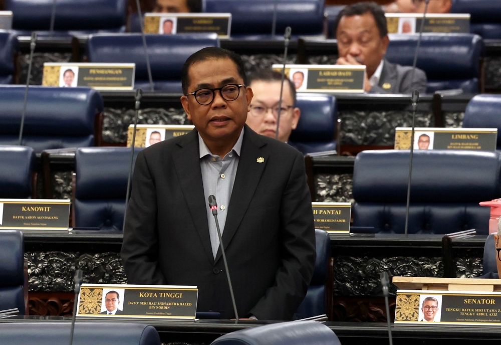 Minister of Higher Education Datuk Seri Mohamed Khaled Nordin speaks during the question and answer session at the Dewan Rakyat in Kuala Lumpur October 16, 2023. — Bernama pic