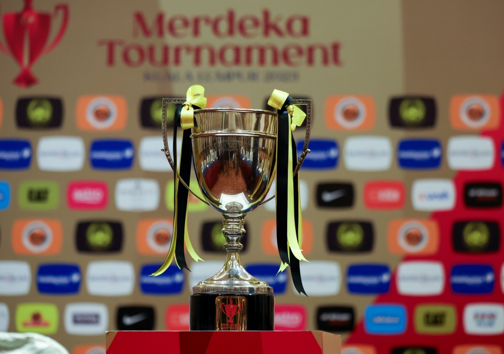 A view of the 2023 Merdeka Tournament trophy on display during the pre-match conference in Subang October 16, 2023. — Bernama pic