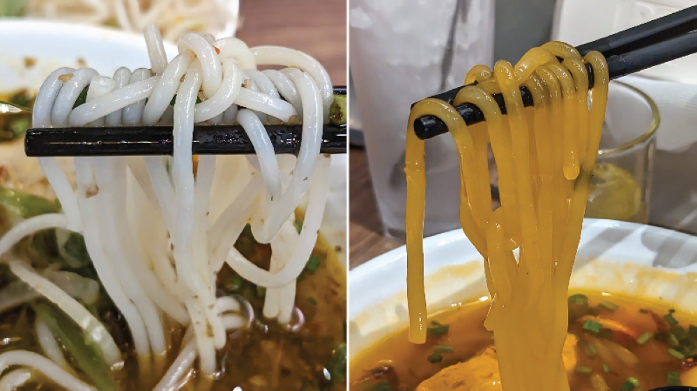 The thick, cylindrical variety of 'bún' used for 'bún bò Huế' (left). The chewy, starch-laden noodles used in 'bánh canh cua' that’s similar to 'lai fun' (right).