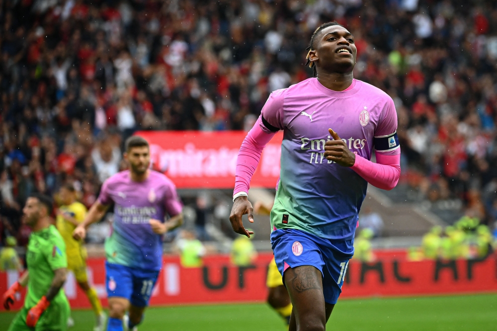 AC Milan's Portuguese forward #10 Rafael Leao celebrates after scoring during the Italian Serie A football match between AC Milan and Hellas Verona at San Siro stadium in Milan, on September 23, 2023. — AFP pic