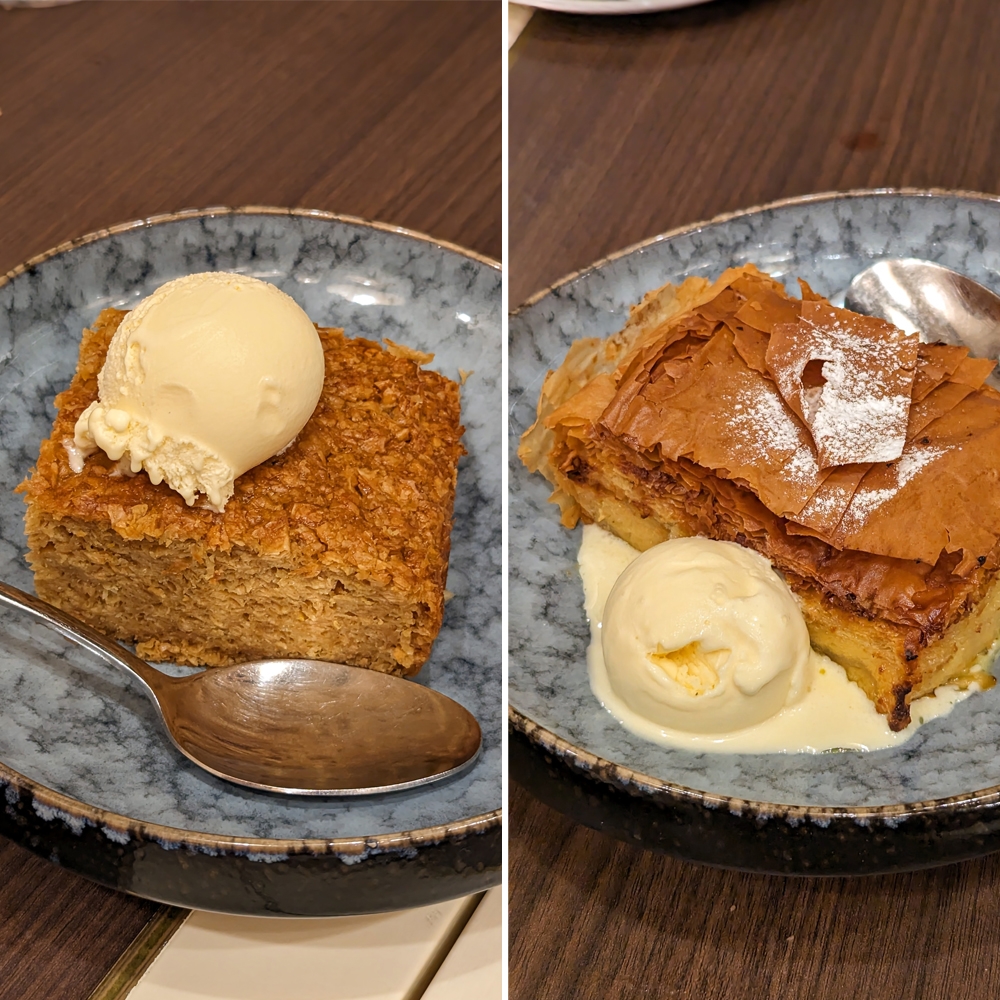 Greek orange pie with ice cream (left). 'Galaktoboureko' here is worthy of return trips multiple times over. Make sure to save space for it (right).